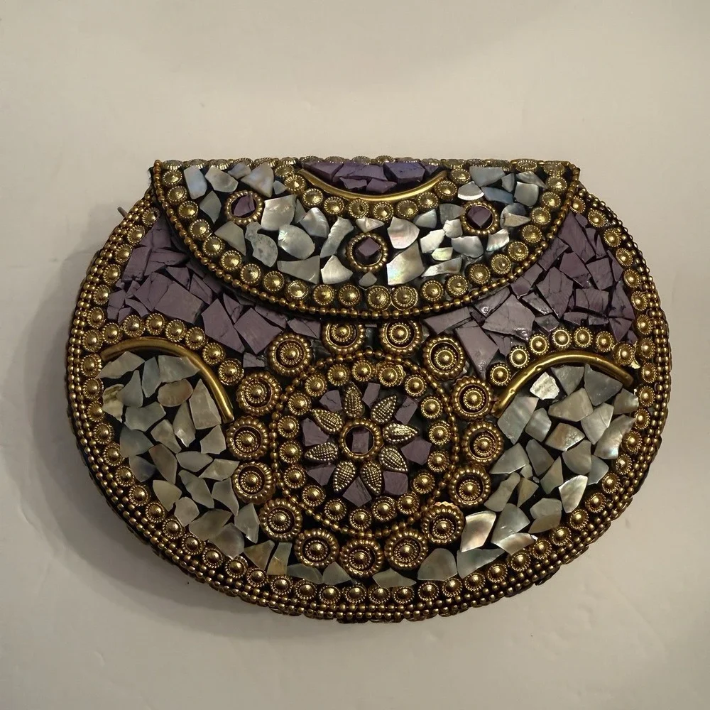 Ramla Bag Clutch‎ Shoulder Bag Lavender Gold White Stone Party Formal Event New